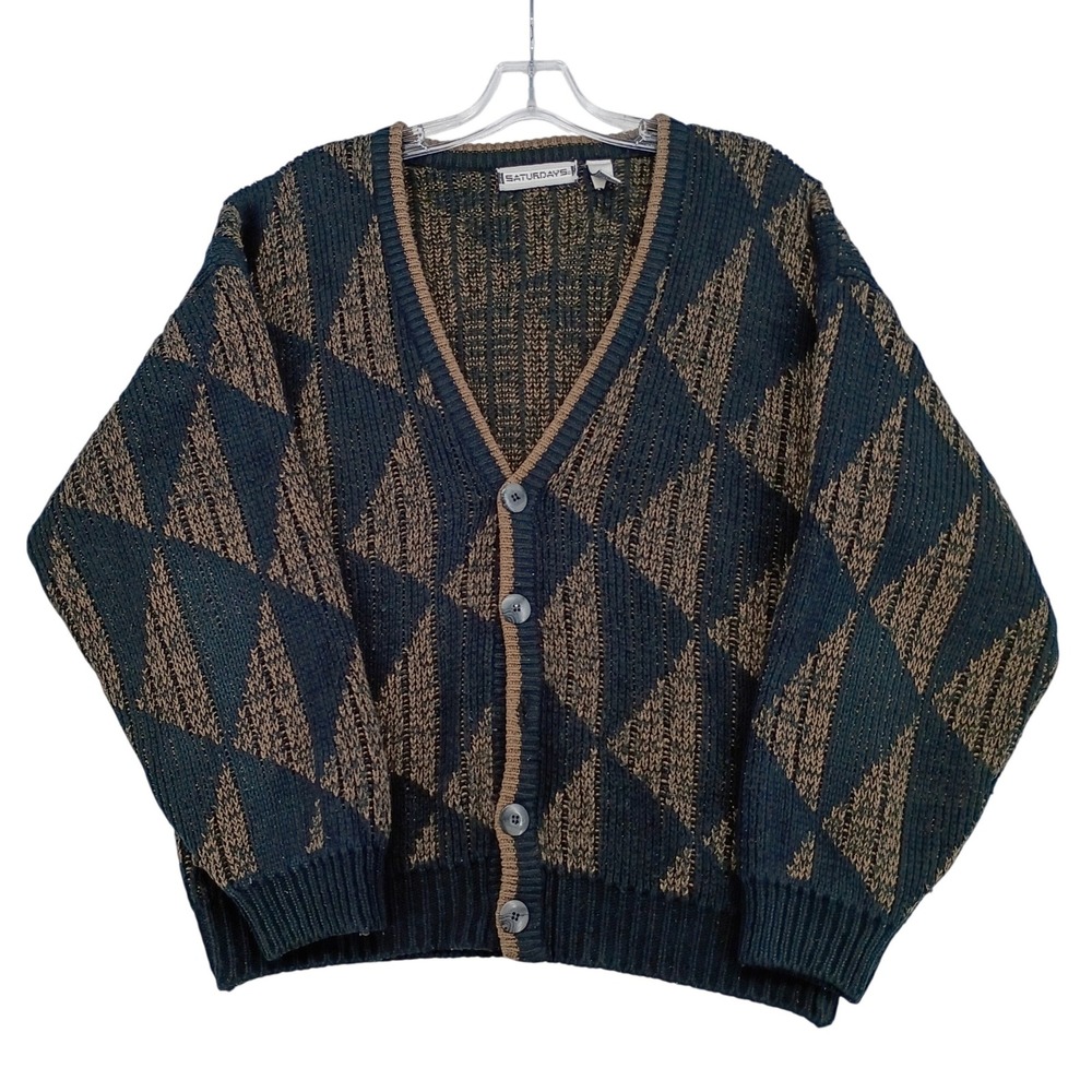 Saturdays Medium Teal Brown Geometric Triangle Cardigan Sweater Vintage Grandpa